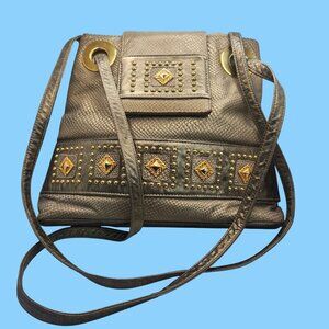 Bags by Pinky Vintage Metallic Silver Leather Shoulder Gold Studs Grommets USA